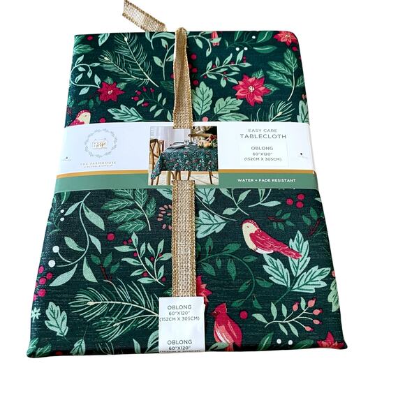 The Farmhouse Easy Care 60x120 Christmas Tablecloth Holiday Holly & Cardinals - Picture 9 of 12